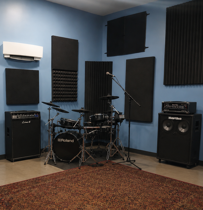 The 214 live room with a Roland drum kit, amps, and acoustic panels