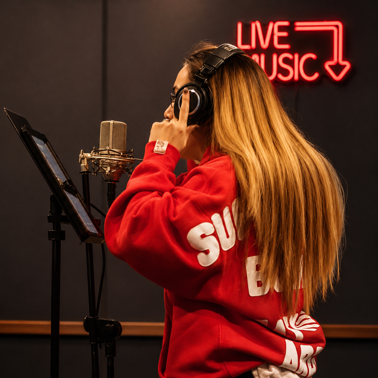 An artist recording vocals in the 214 booth under a Live Music sign