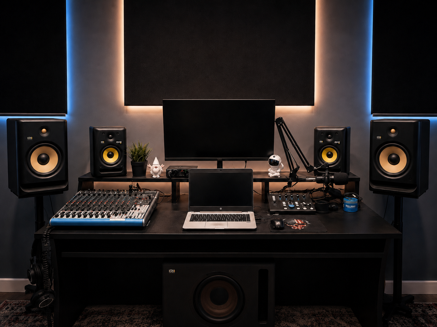 The 214 control room with mixing console, studio monitors, and desk